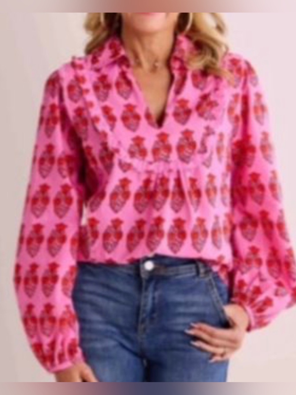 THML Pink Blouse with Red Floral Print XL v-neck